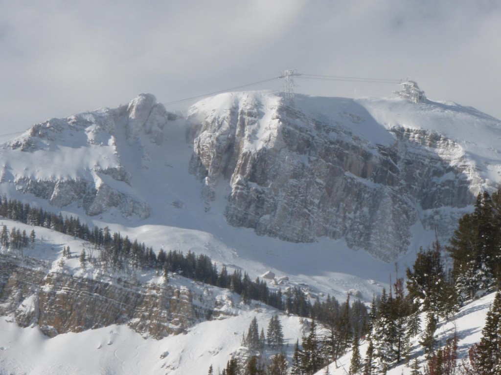 Overlooking the summit of the Jackson Hole tram during a winter storm