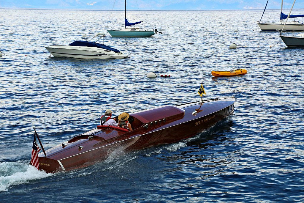 An example of the many classic wooden boats at the Concours D'elegance - Split Second – 34' Replica of a 1927 Hacker Race Boat on Lake Tahoe