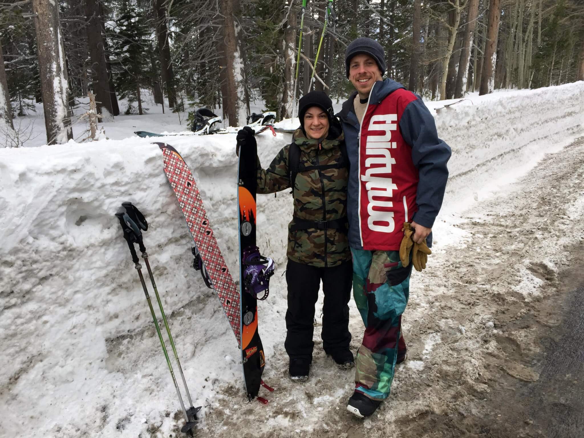 splitboarding 101 girl and guy intro to splitboarding in Lake Tahoe