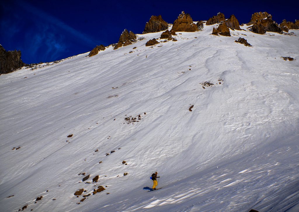 Shane Ricketts skinning up Avalanche Gulch on Mt. Shasta Image taken by: Zack Holm