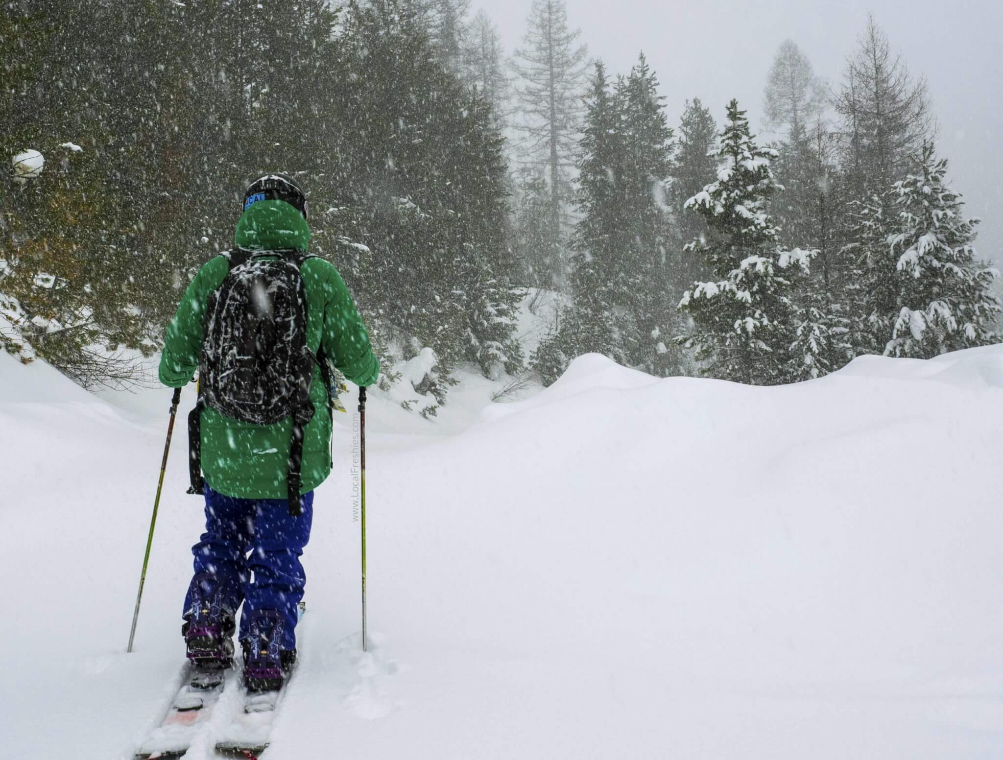 Splitboarder in lookout pass backcountry during snowstorm in idaho