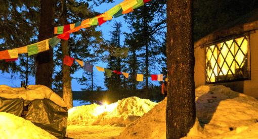 McCall Idaho Winter Blue Moon Yurt Exterior Nepalese Flags