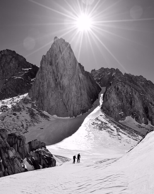 Eastern Sierra Backcountry skiing skinning black and white