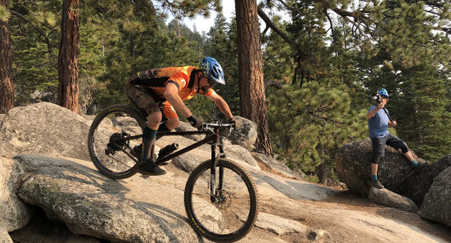 mountain biker on Armstrong Connector within Lake Tahoe Corral trail network