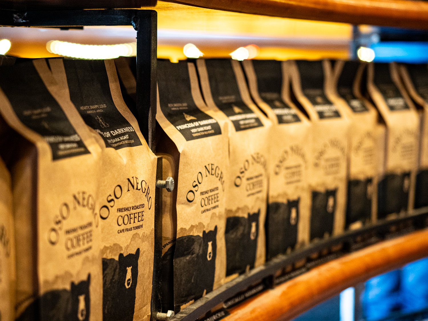 A shelf of coffee at Oso Negro Coffee in Nelson BC