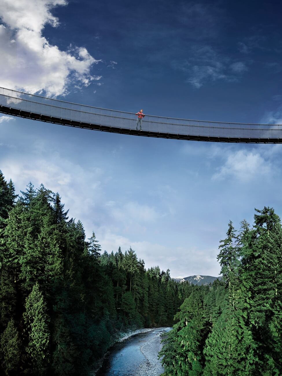 Woman crossing Treetops Adventure series of suspension bridges with canyon lights Capilano Suspension Bridge above the Capilano River Capilano Suspension Bridge Park Best Suspension Bridges in North America