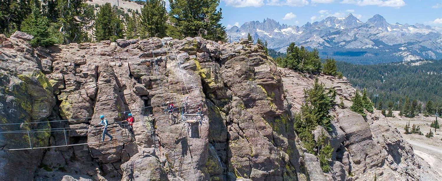 Via Ferrata at Mammoth Mountain during summer operations with suspension bridge