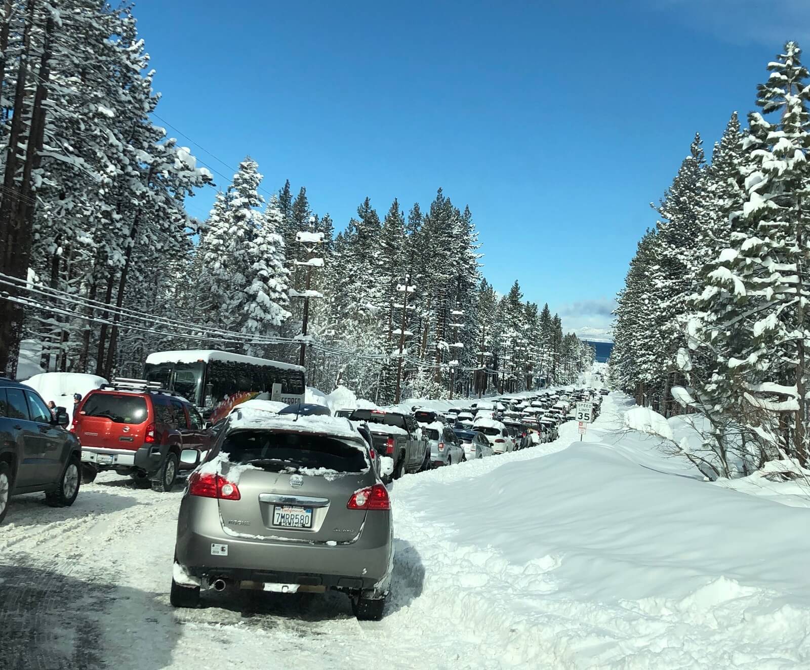 Crowded Heavenly Mountain Resort Ski Run Traffic Delays