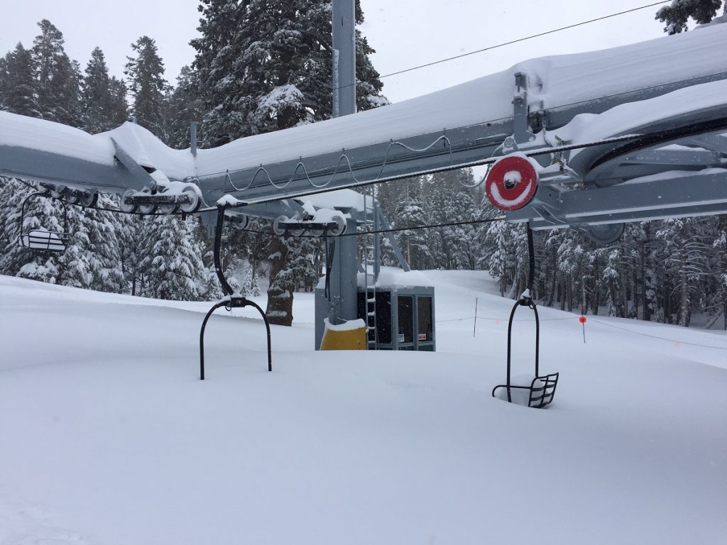 A buried chairlift due to heavy Lake Tahoe showing March is the best time go skiing