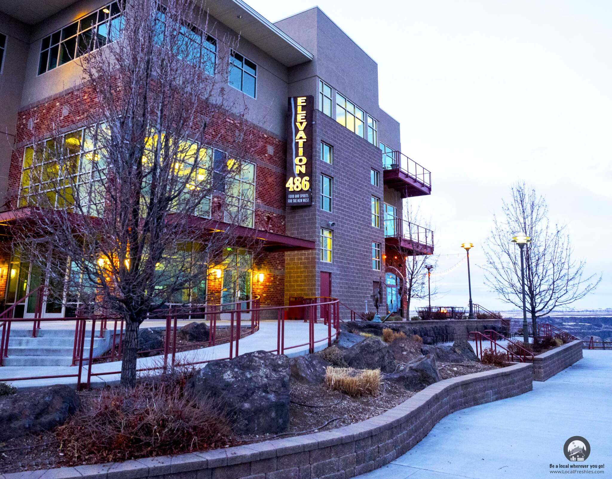 Exterior of Elevation 486 Cafe in Twin Falls Idaho during a cloudy winter evening