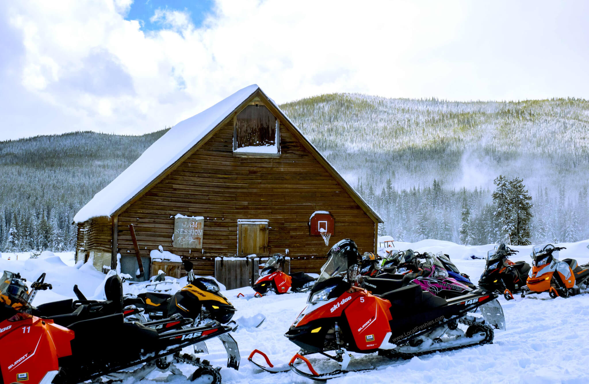 snowmobiling Burgdorf Hot Springs snowy winter day in Northern Idaho near McCall