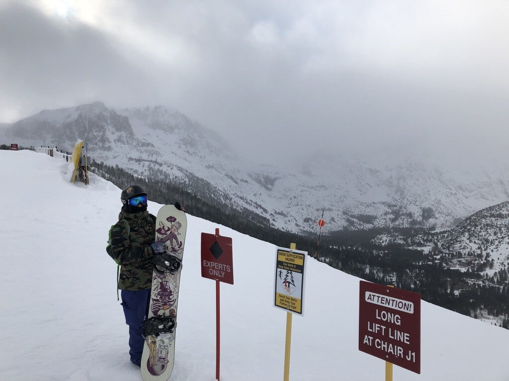 Jaime Pirozzi at June Mountain with Wi-Me Return of the Shredi snowboard made in the USA