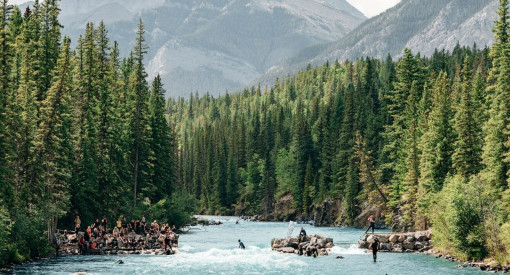 Canadian Rockies behind the Alberta Cup 2019 river surfing the mountain wave on the Lower Kananaskis River