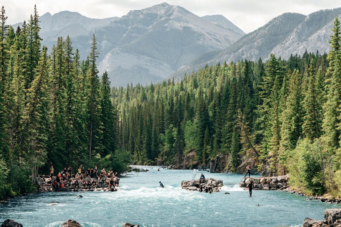 Canadian Rockies behind the Alberta Cup 2019 river surfing the mountain wave on the Lower Kananaskis River