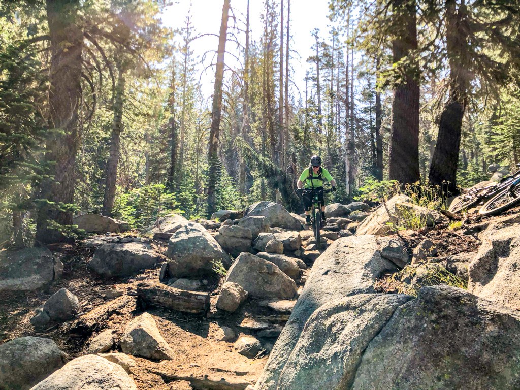 Mountain biker tackles the beginning of the tech segment on Mr Toad's Wild Ride in South Lake Tahoe California