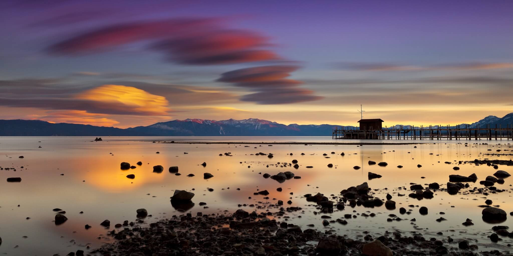Sunset at Tahoe City with view of pier