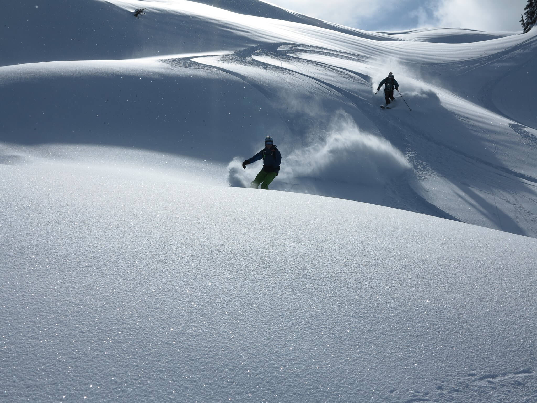 Skier and snowboarder enjoying fresh snow heli skiing