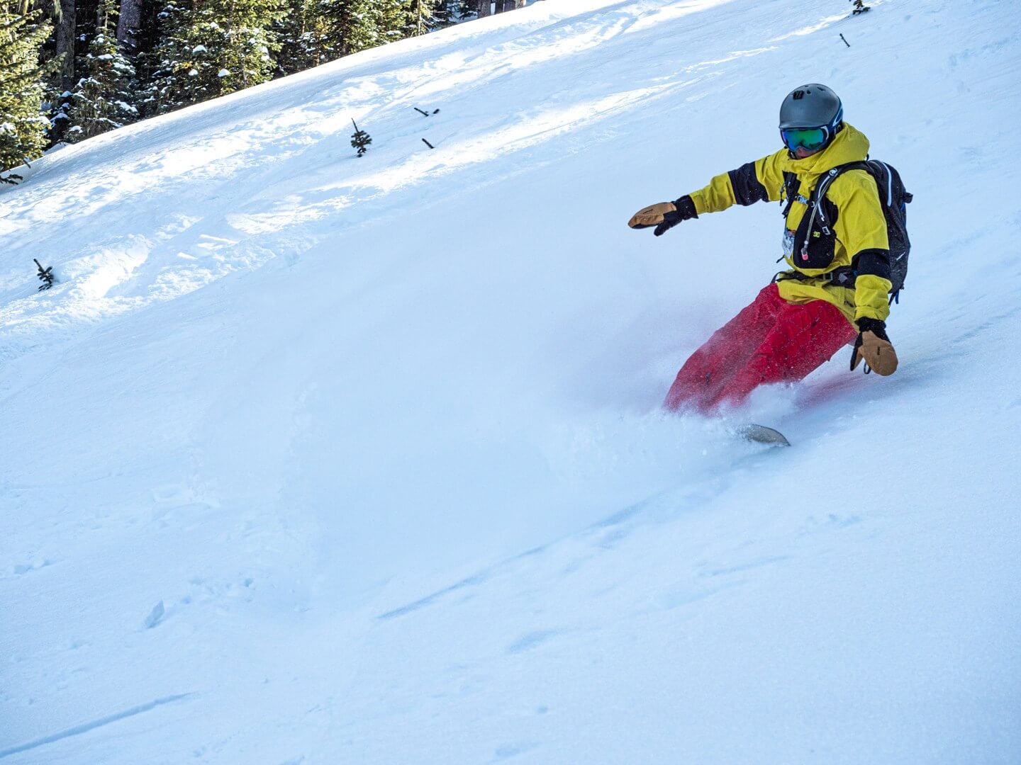 snowboarder enjoying powder while skiing Angel Fire