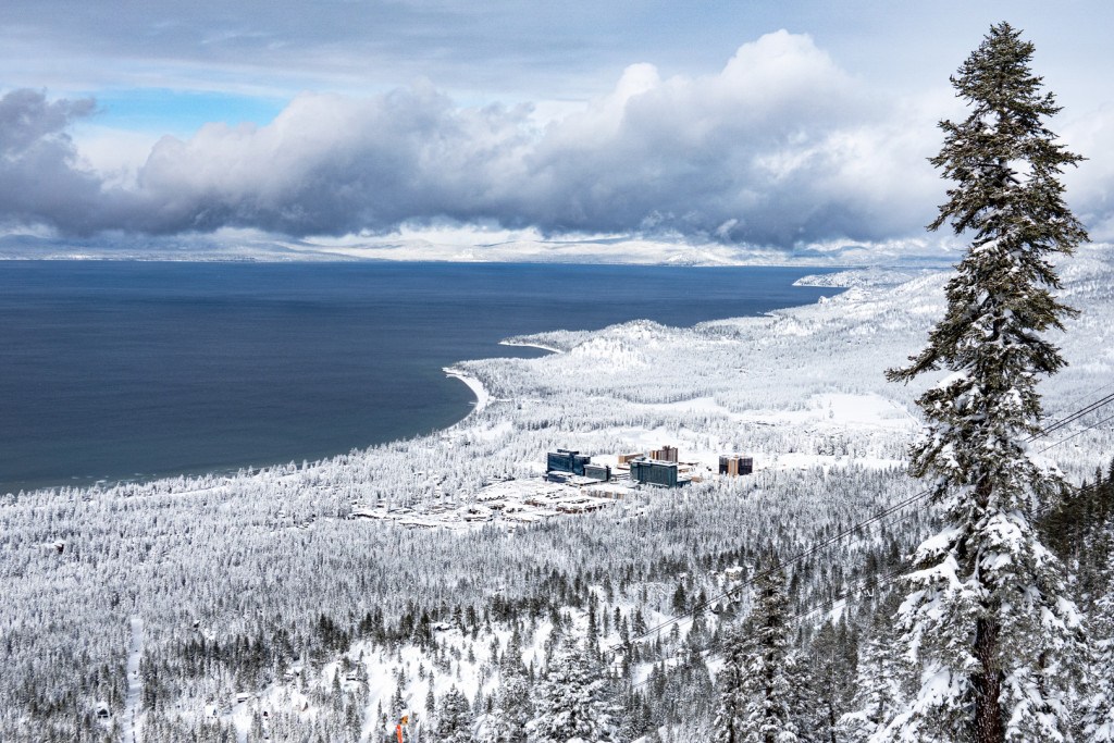 ariel view of South Lake Tahoe California along with casino corridor at Stateline Nevada