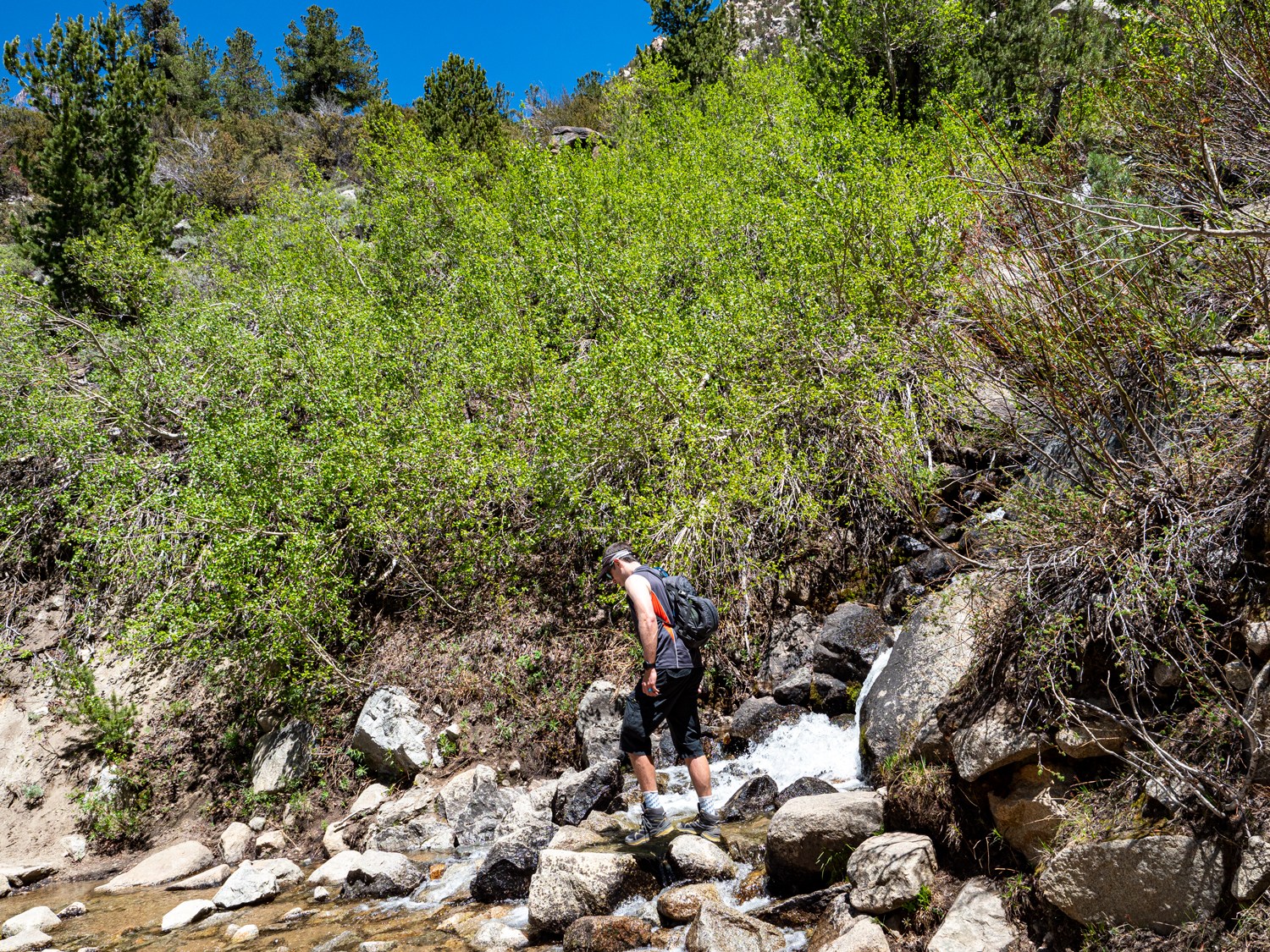 man crossing stream on his way to Blue Lake California