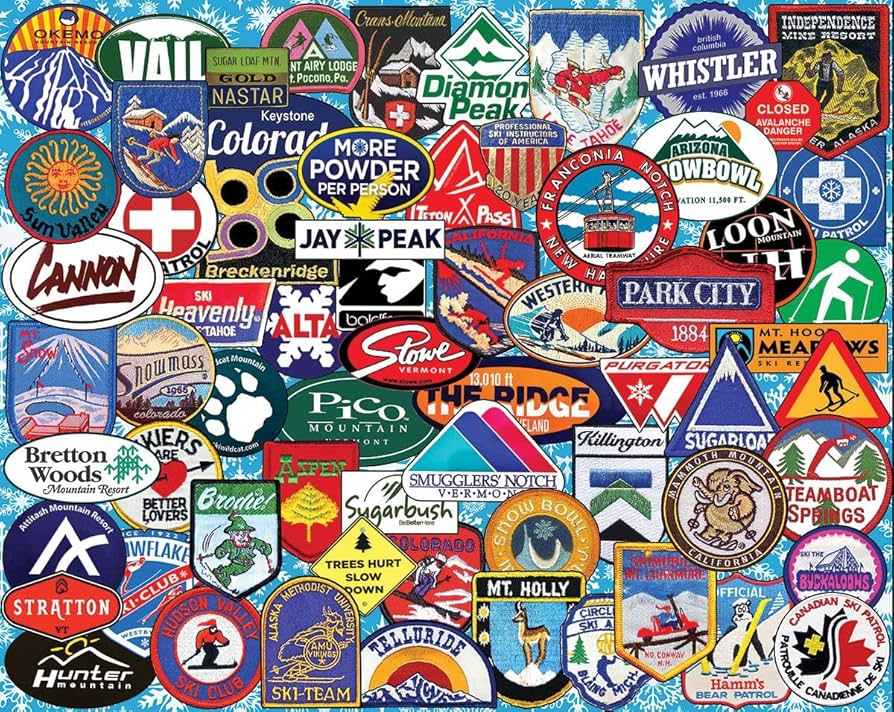 1000 piece puzzle of ski badges from across North American ski areas