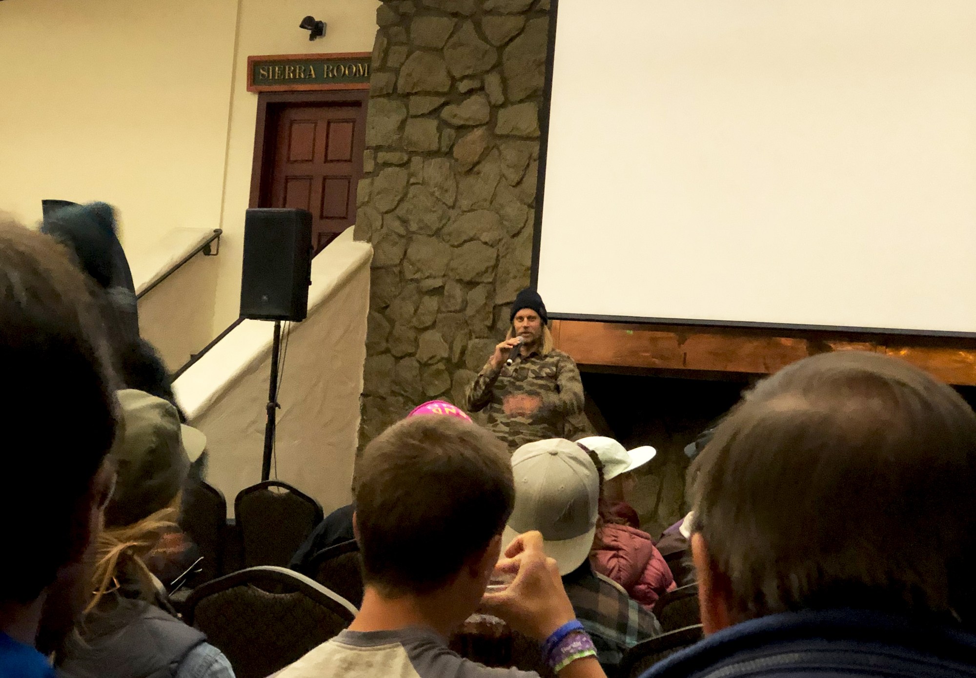 Cody Townsend speaking before his release of the Fifty Episode at Quality Ski Time Film Tour