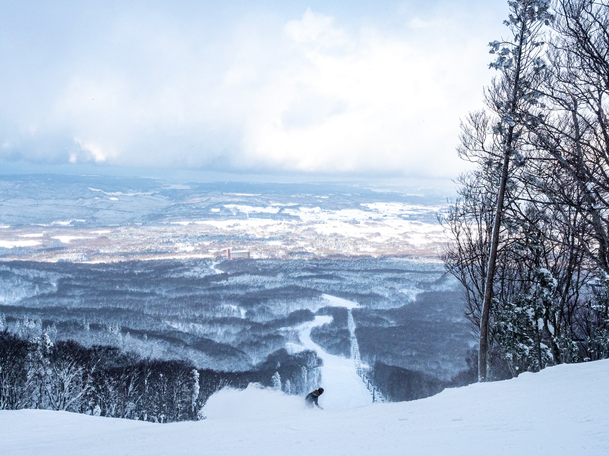 View of Sea of Japan from Aomori Spring Resort with snowboarder carving powder