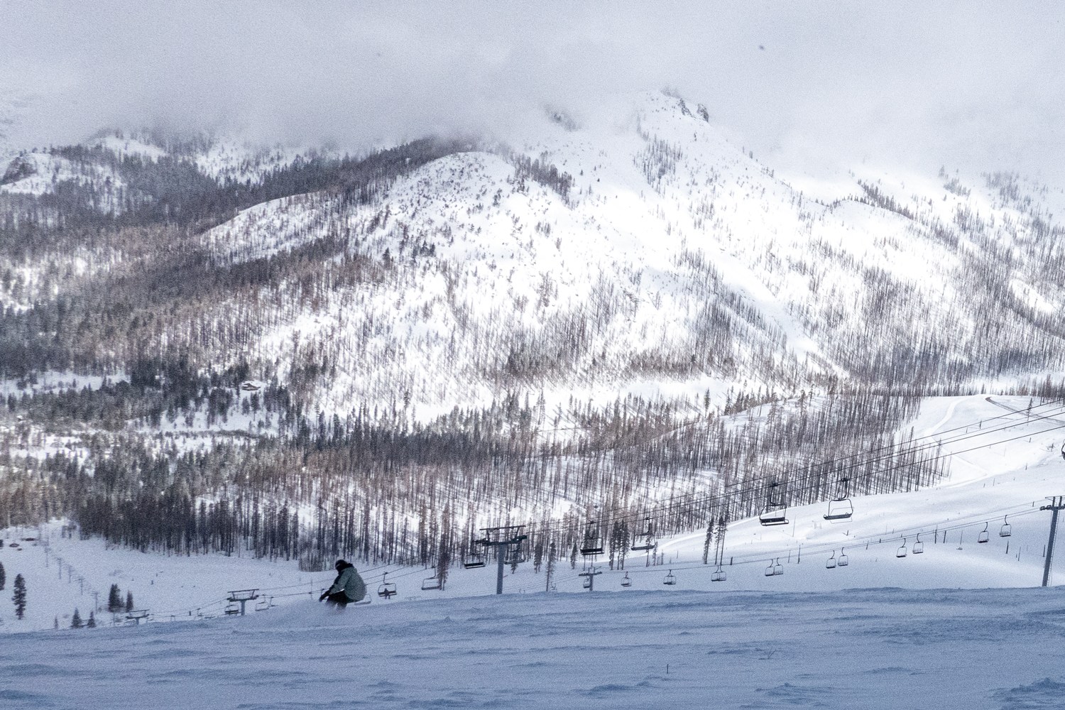 Snowboarder enjoying empty slopes and fresh tracks at Sierra-at-Tahoe