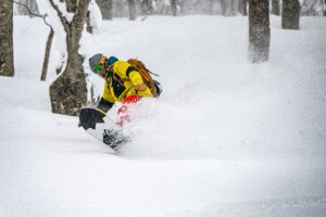 snowboarder riding a Weston Backwoods snowboard in Aomori Spring Japan