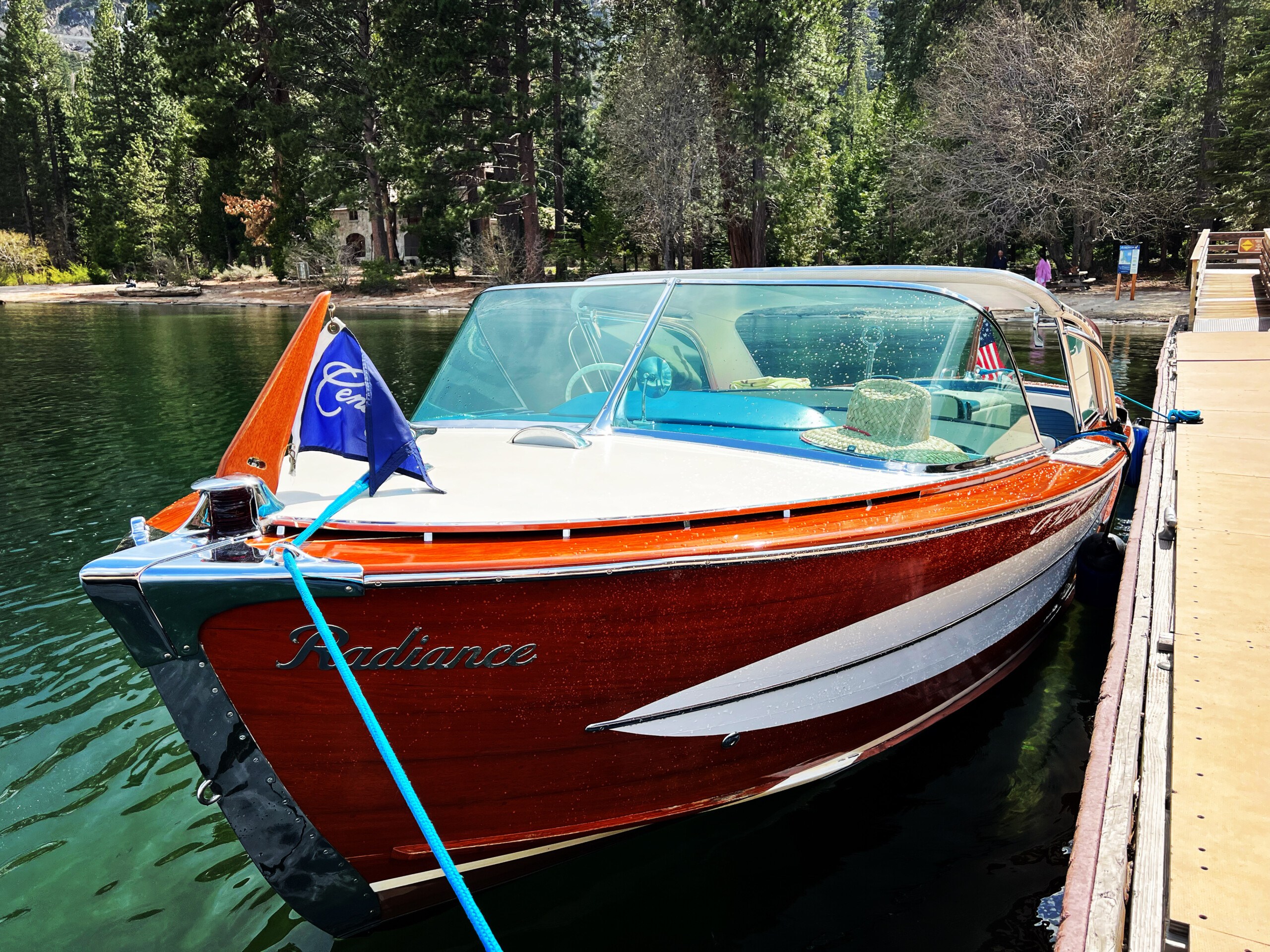 1958 Century Coronado a classic wooden boat on Lake Tahoe at a pier