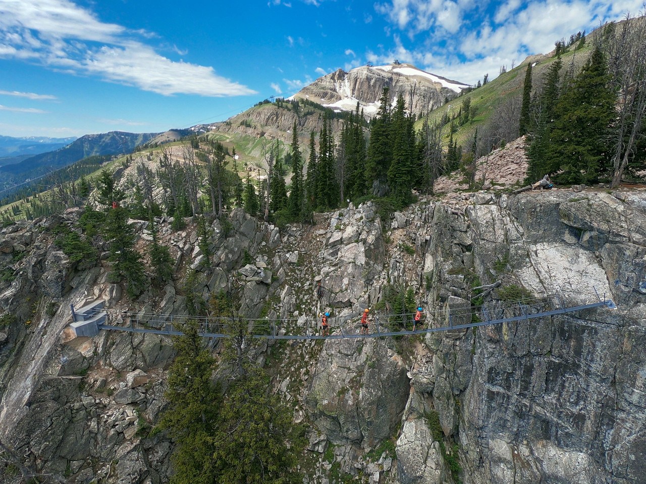 aerial view of rock climbers on the Jackson Hole Via Ferrata
