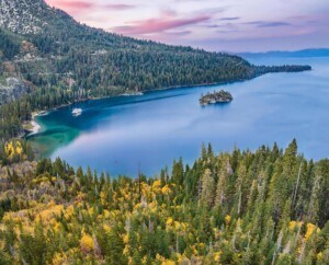 fall foliage with Emerald Bay in the background