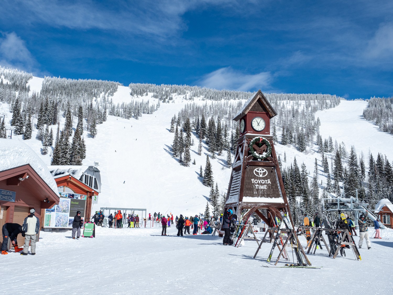 The clock tower at Schweitzer Mountain Resort