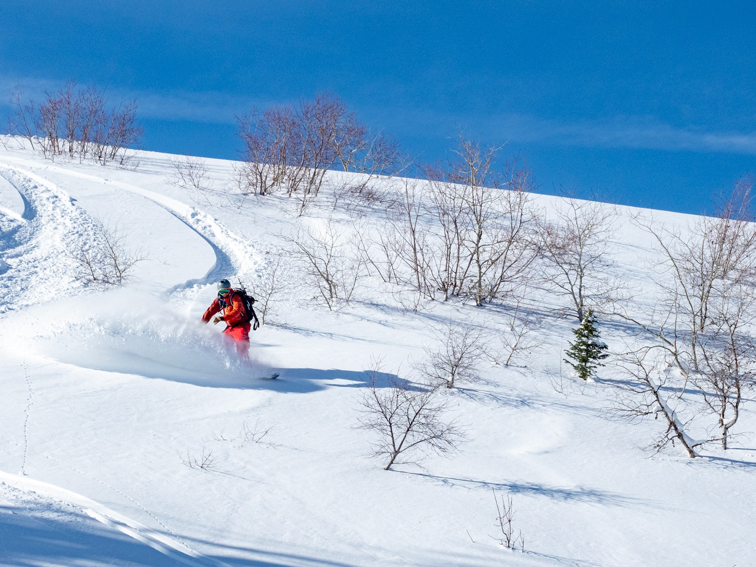 Snowboarder enjoying powder at Magic Mountain Idaho