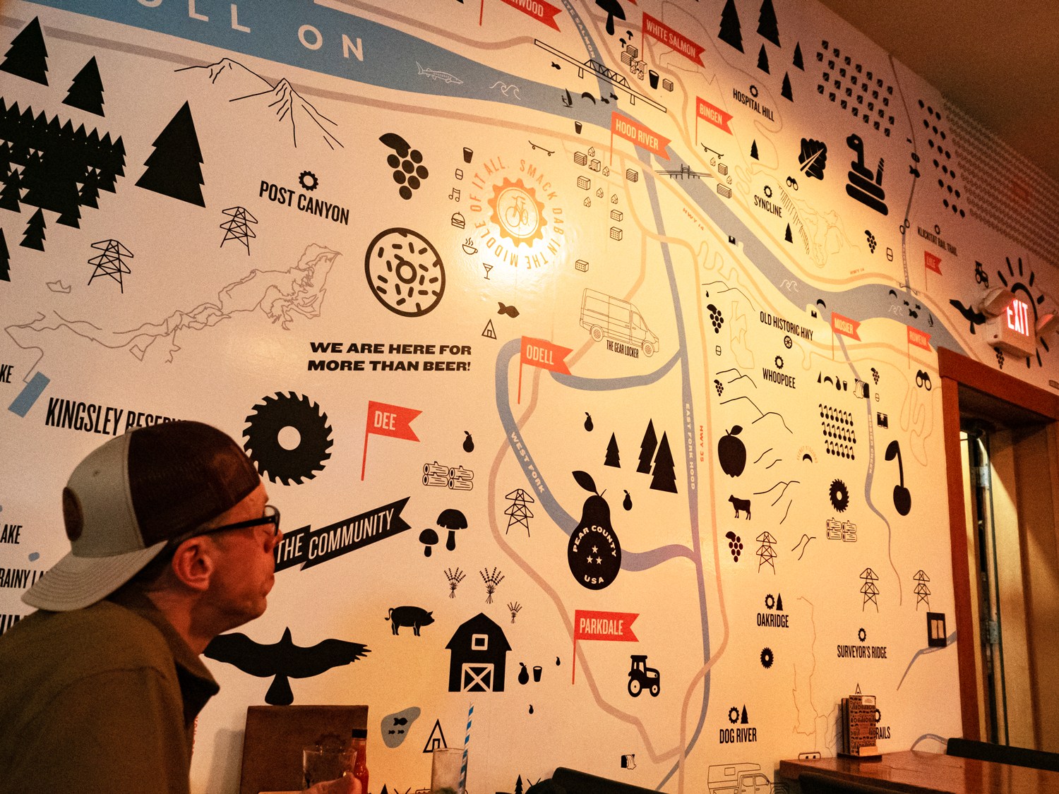 The fun map painting of Hood River at Kickstand Coffee
