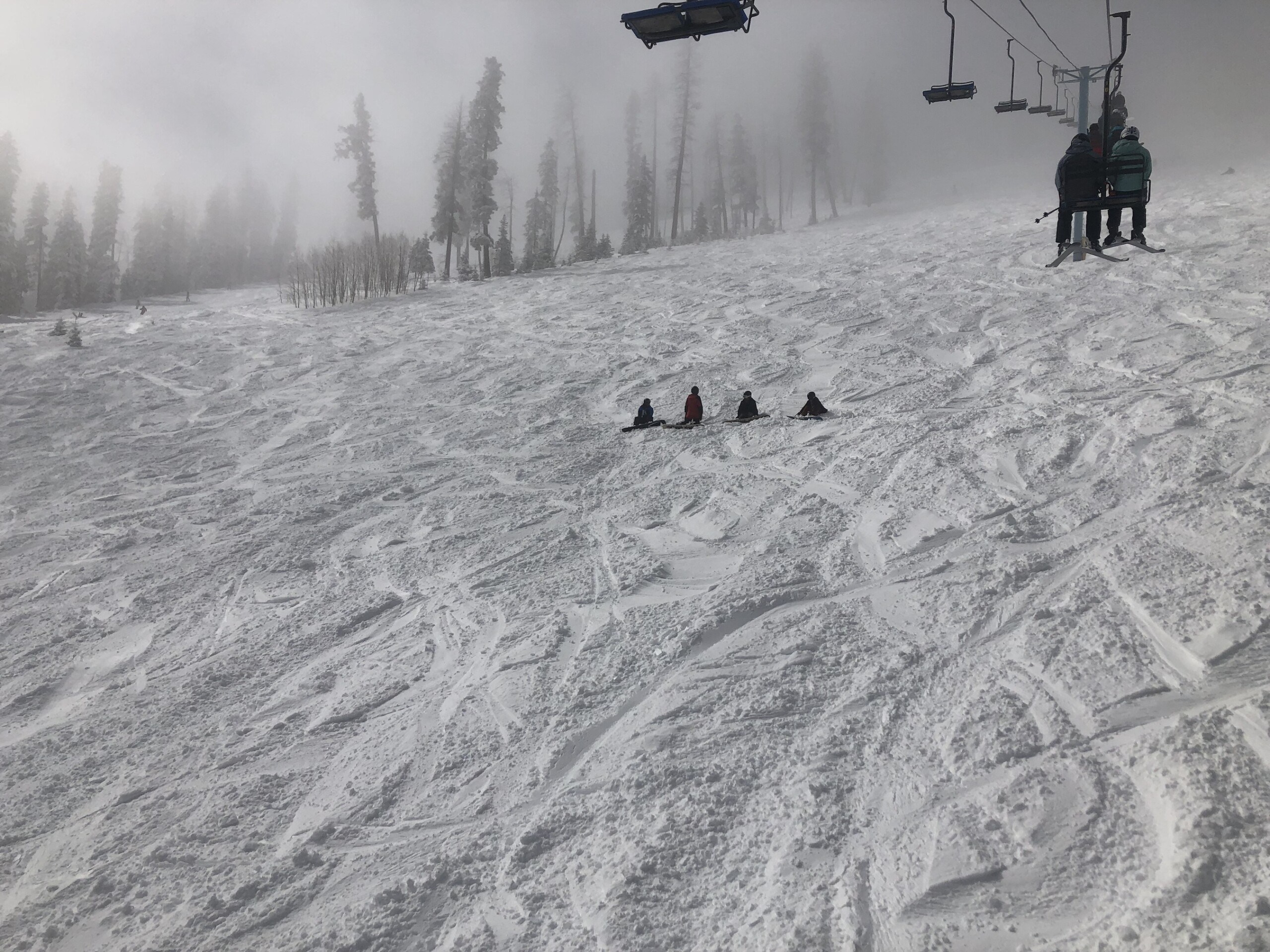 skiers taking a break at Pajarito on a powder day 2024
