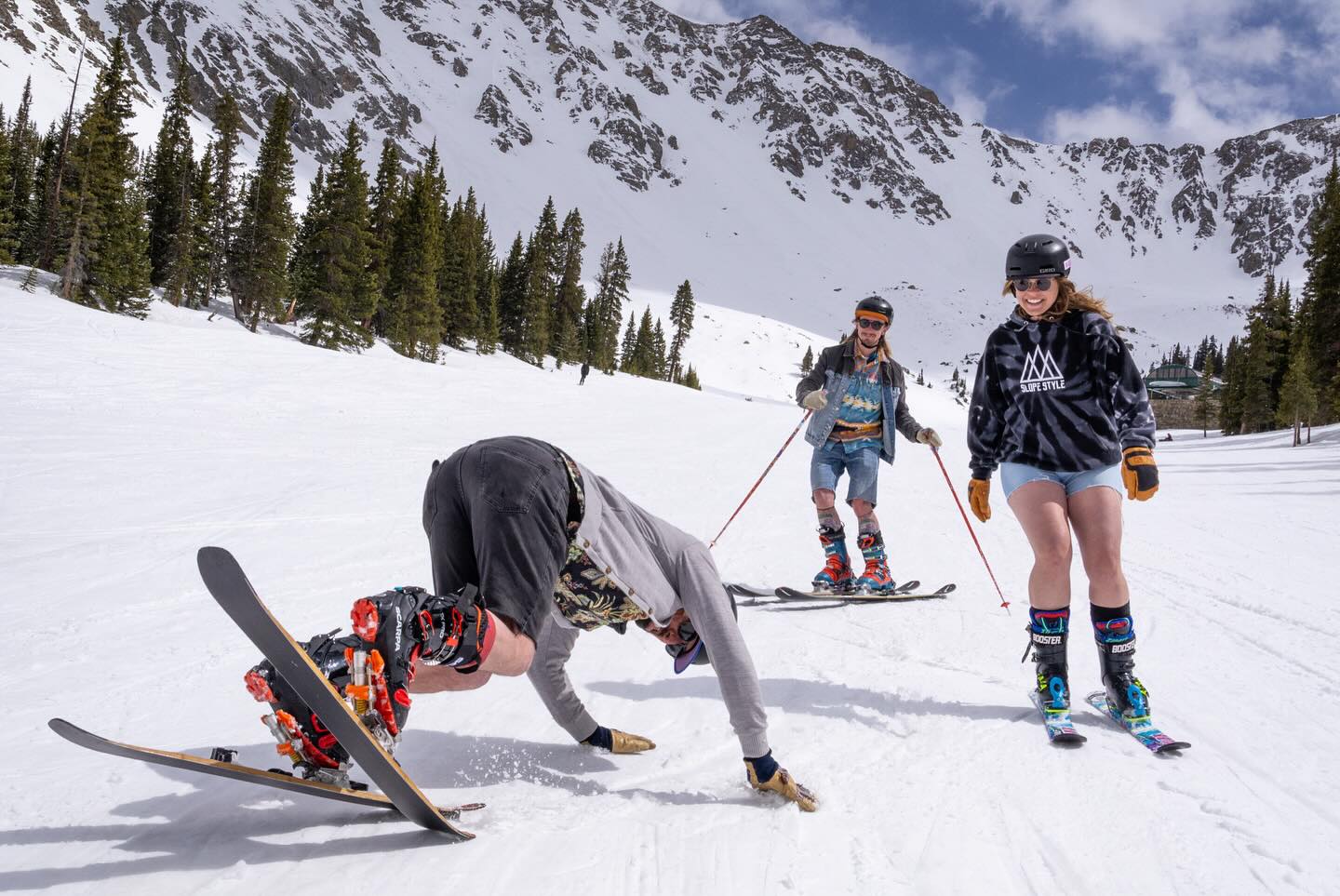 Skiers enjoying great snow in June at Arapahoe Basin
