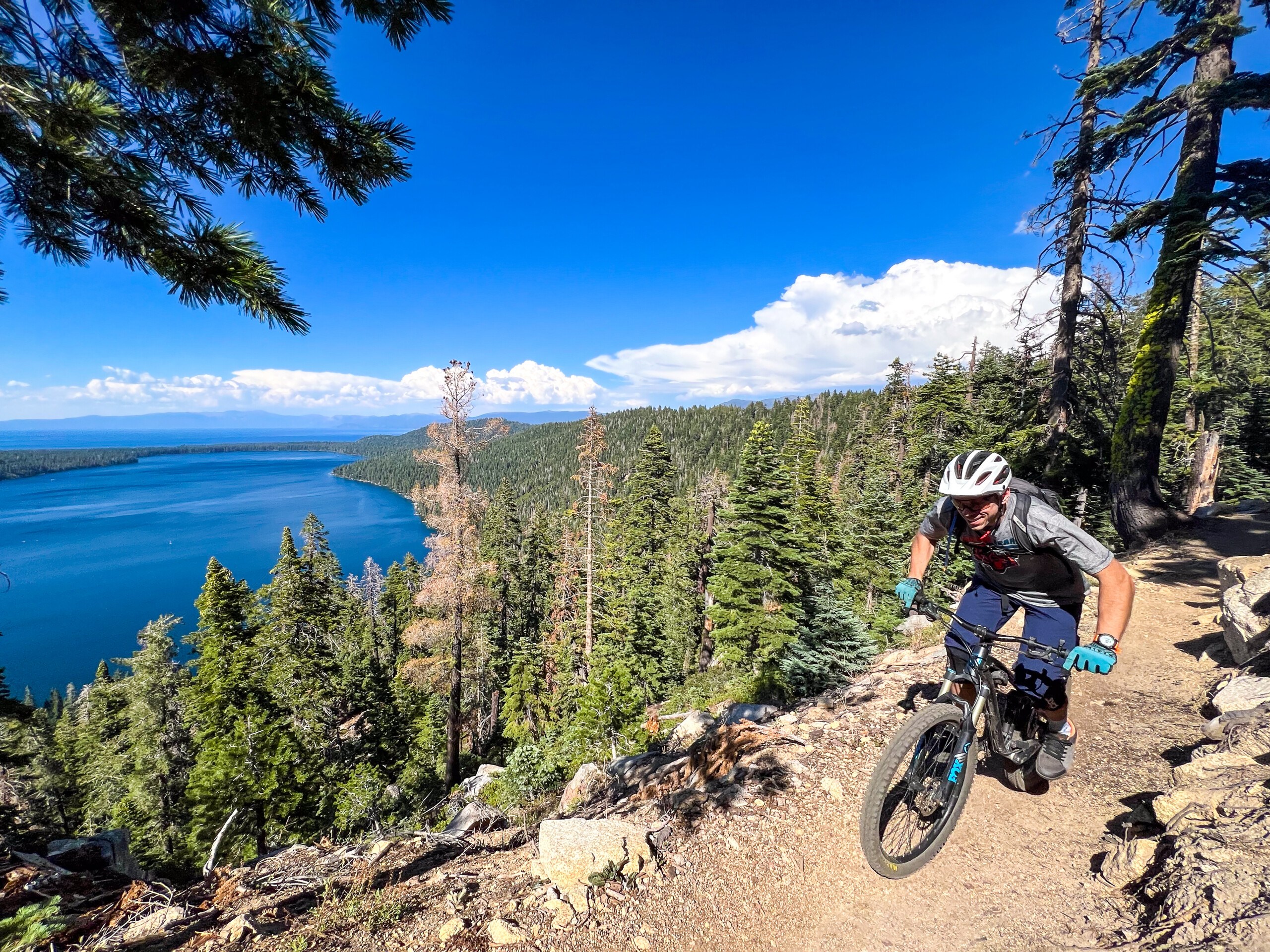 mountain biker riding down Lilly Lake Trail in Lake Tahoe