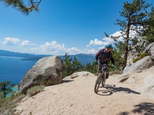 mountain biking the Flume Trail in Lake Tahoe