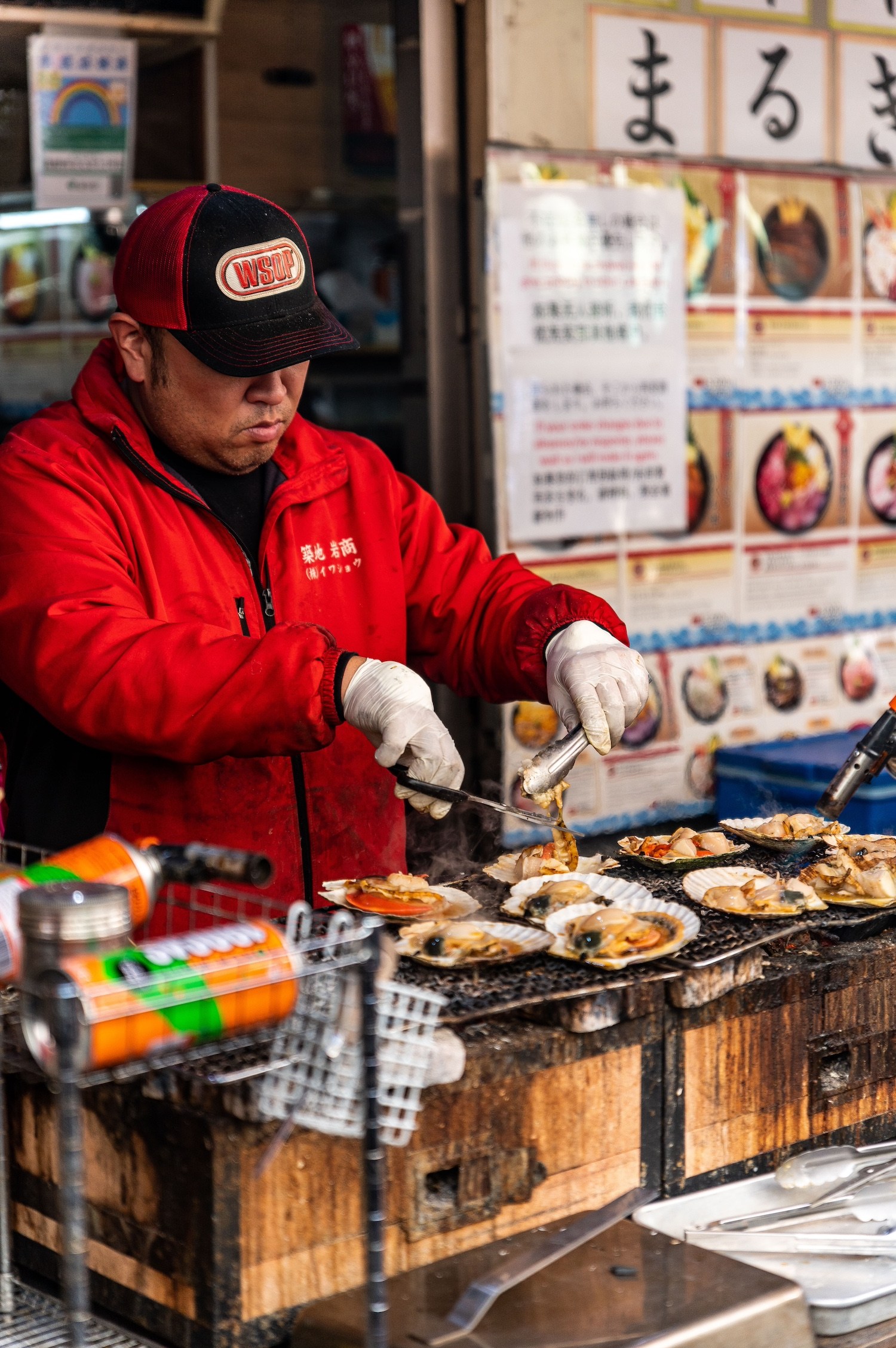 food stall serving eel in Tsukiji Outer Market in Tokyo Japan