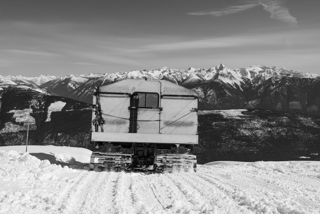 The back of the snowcat at White Grizzly overlooking the Kootenay Range in Canada