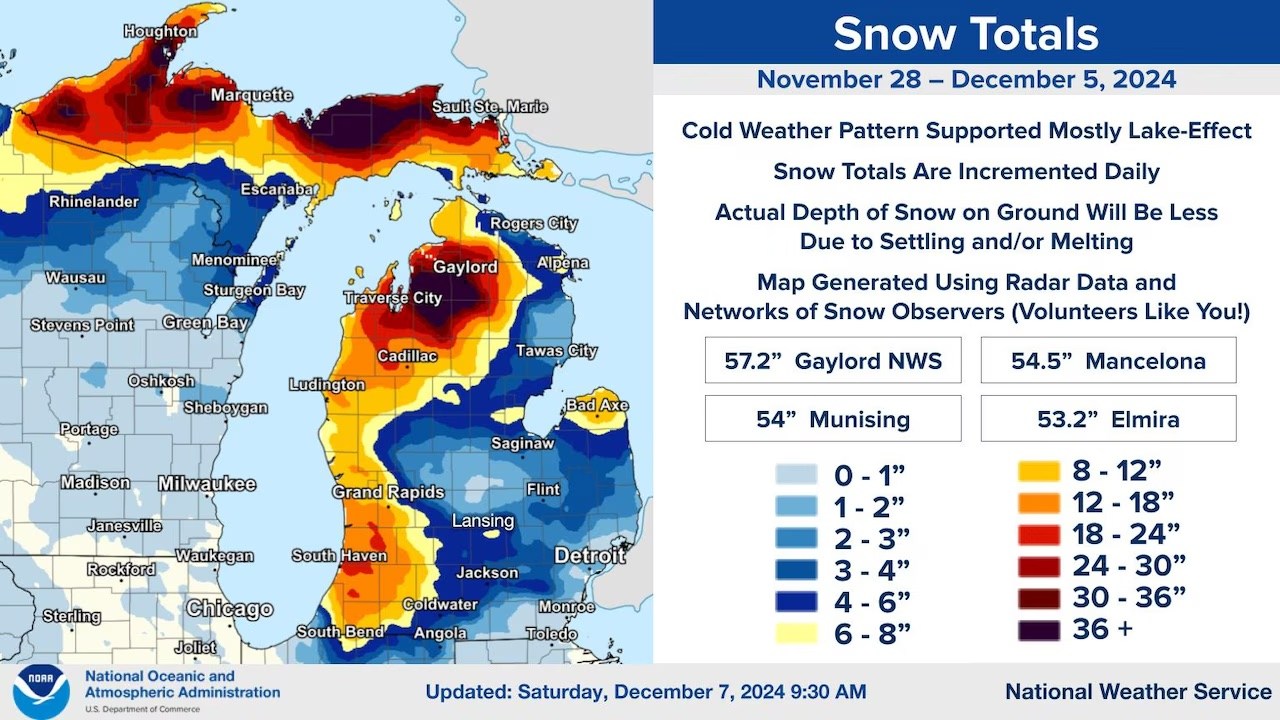 2024 Thanksgiving storm from Lake Effect Snowfall map of Michigan