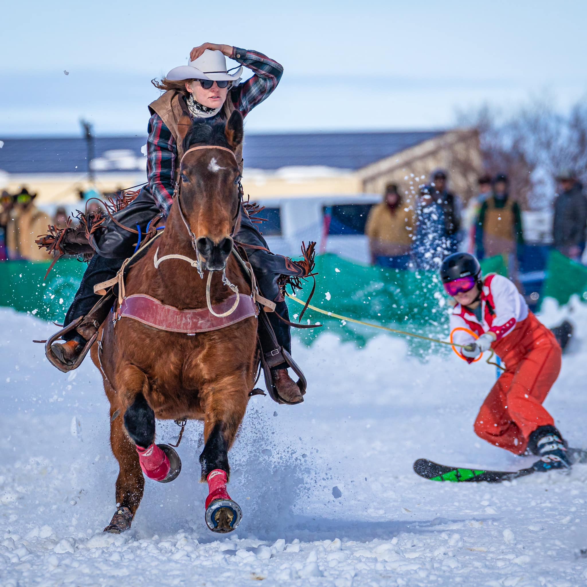 two people skijoring at Teton Valley Skijoring competition in Driggs Idaho