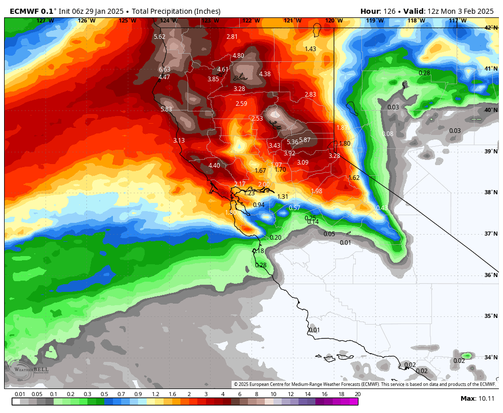 The Euro weather forecasting model showing how much precipitation through Feb 5th