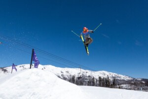 Skier enjoying the snowboard park at Sierra-at-Tahoe in Lake Tahoe California