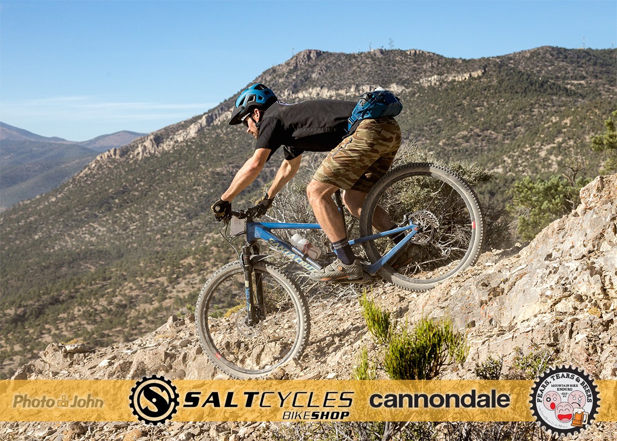 Mountain biker doing a downhill segment on Fears, Tears and Beers