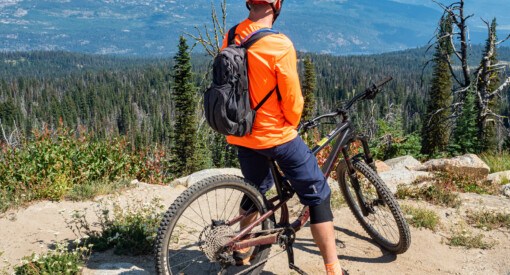 mountain biker overlooking the backcountry from the summit of Brundage Mountain