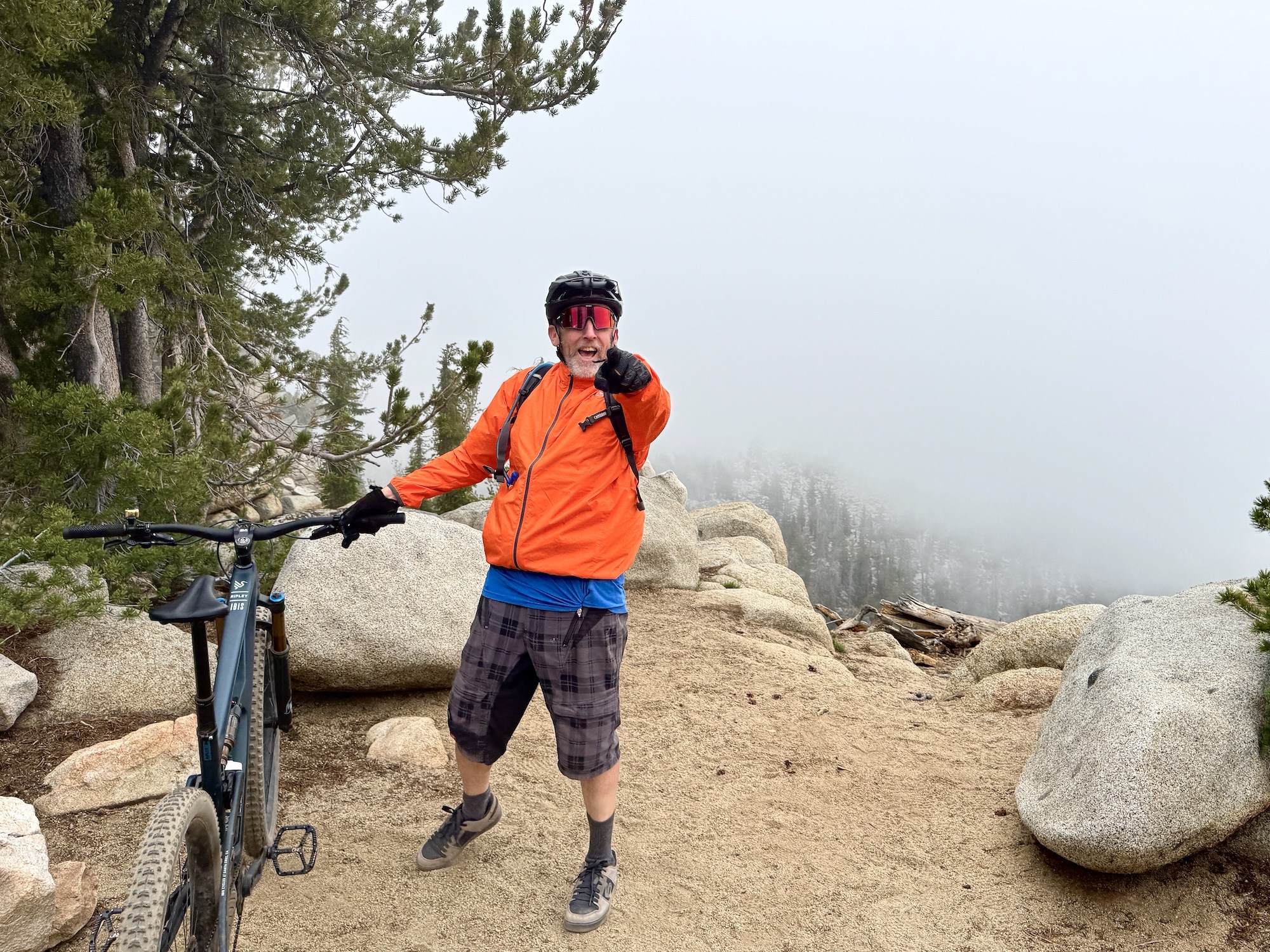 mountain biking on a stormy weather day in Lake Tahoe