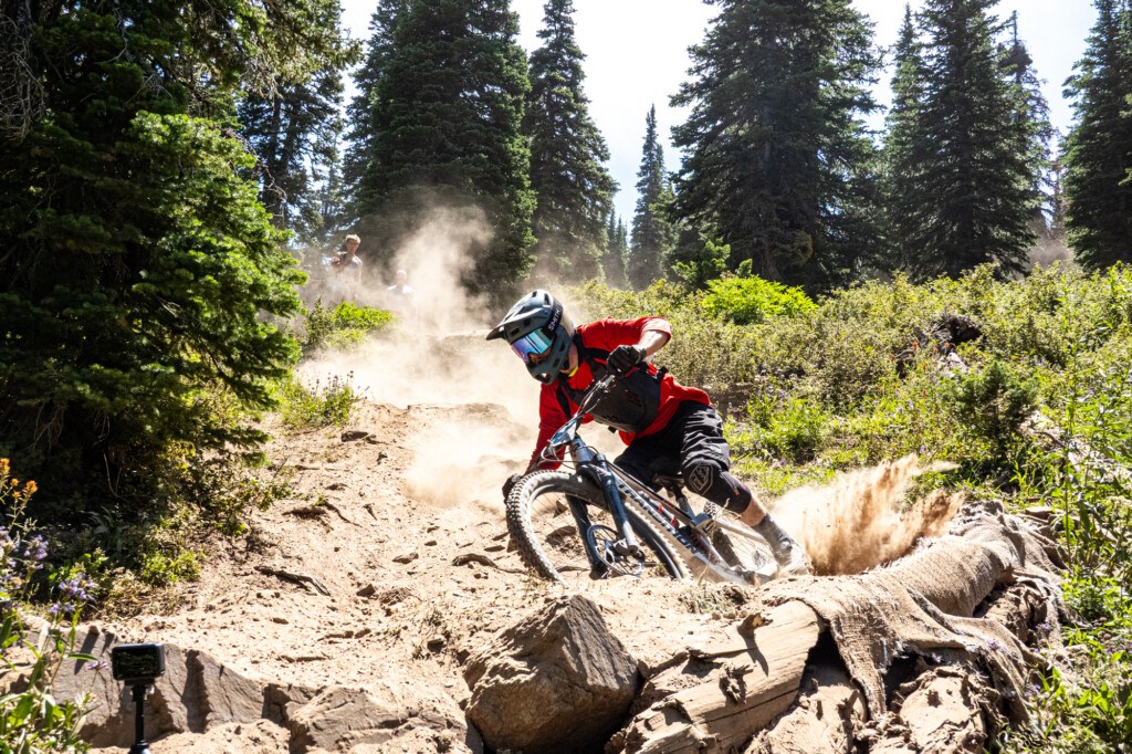 Mountain biker racing down Pomerelle as part of the Pomerelle Pounder