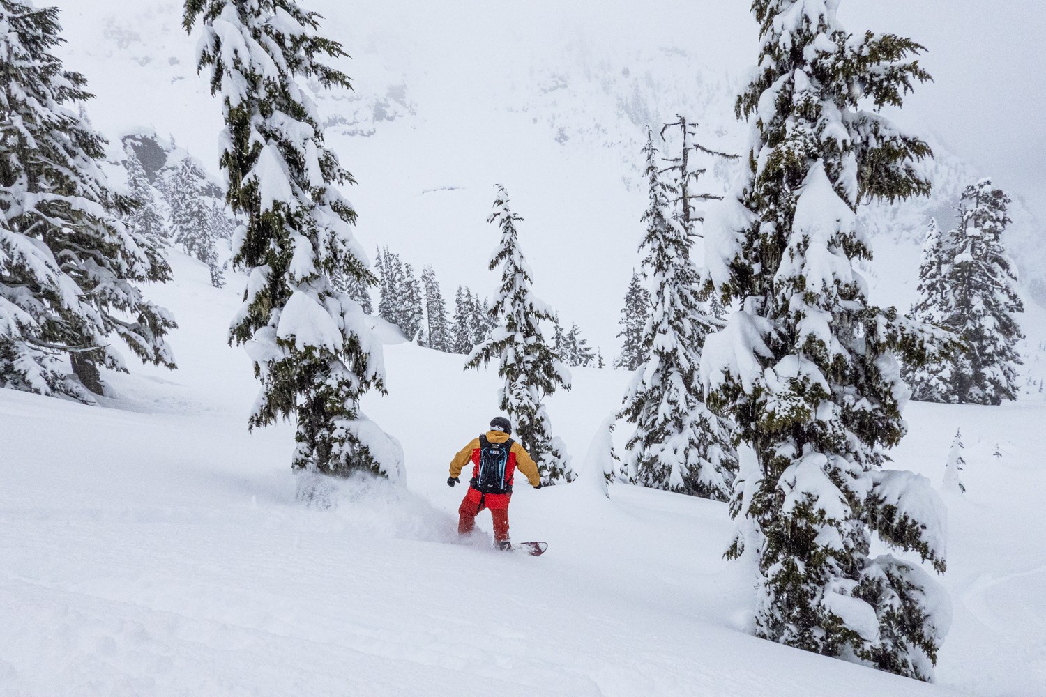 snowboarding deep powder on a heli-skiing trip
